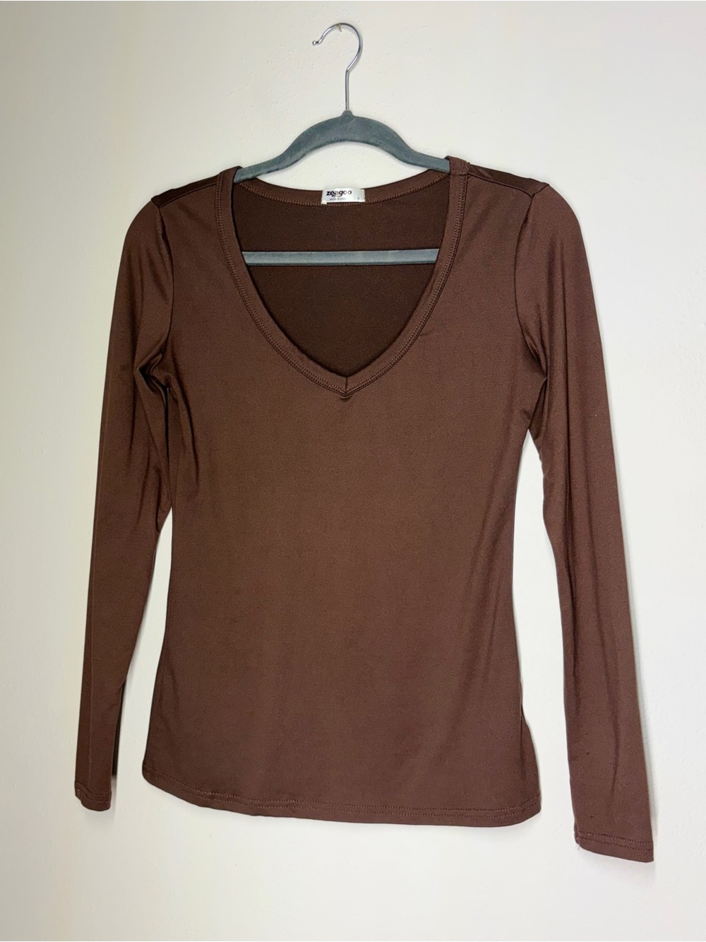 zeagoo Brown V-Neck Long Sleeve Tee